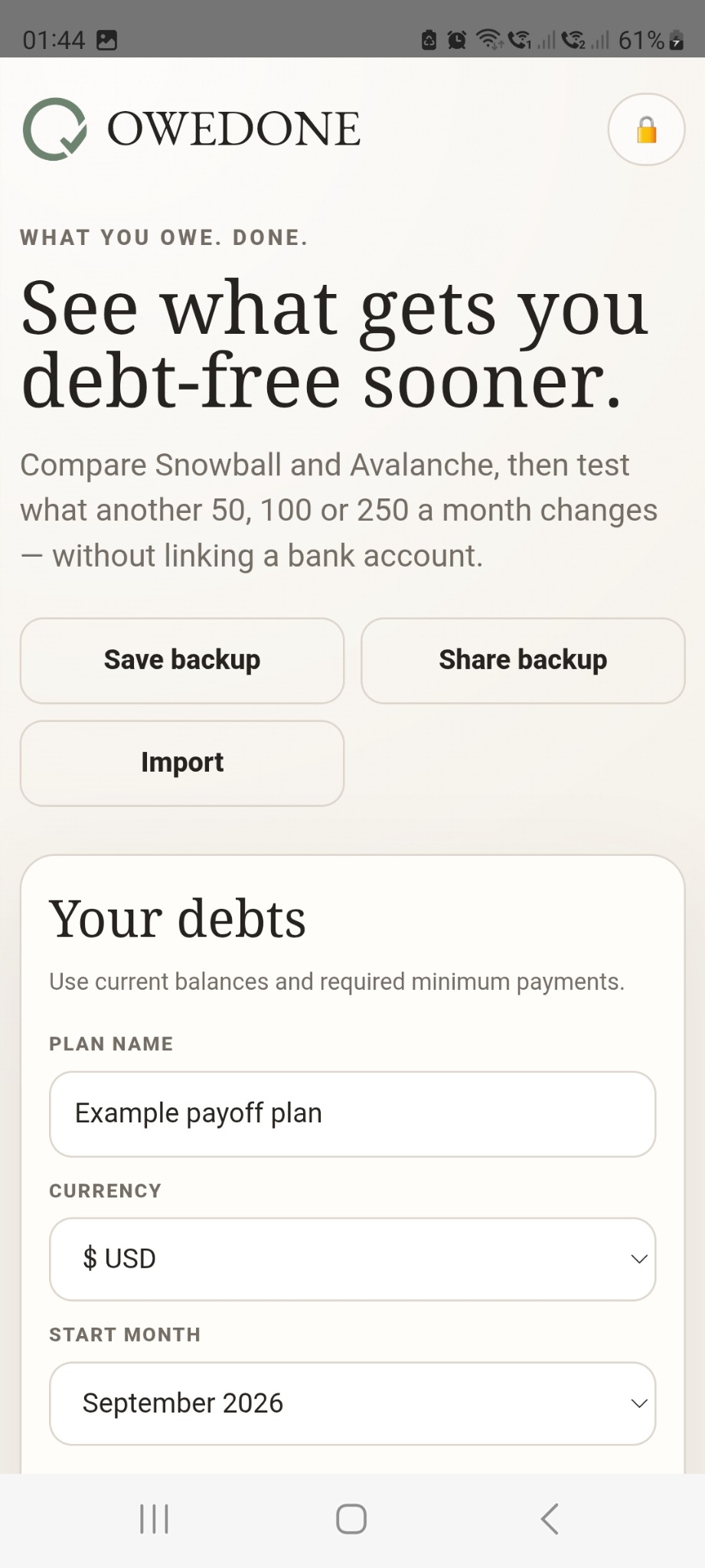 OWEDONE debt payoff planner on Android